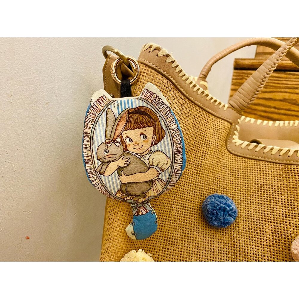 Handmade Mini Cat Pouch with Ring: Girl & Bunny Print, Vintage Style